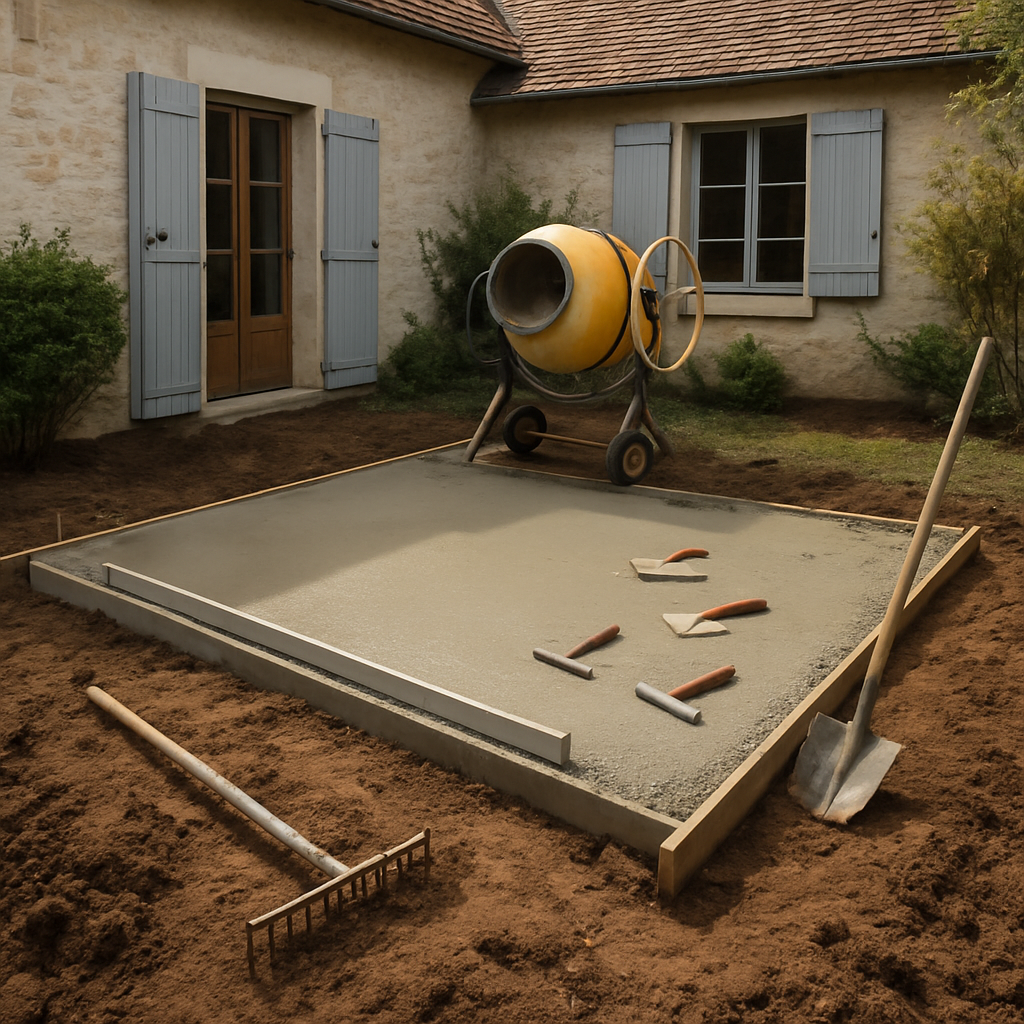 Chantier de pose d'une dalle béton pour terrasse avec outils et bétonnière
