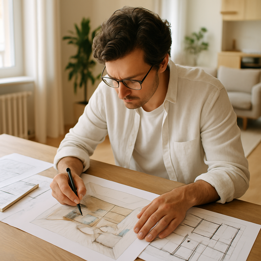 Architecte décorateur intérieur dessinant des plans pour une rénovation intérieure moderne