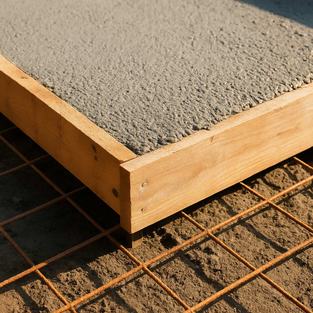 Dalle béton fraîche coulée avec coffrage et treillis métallique