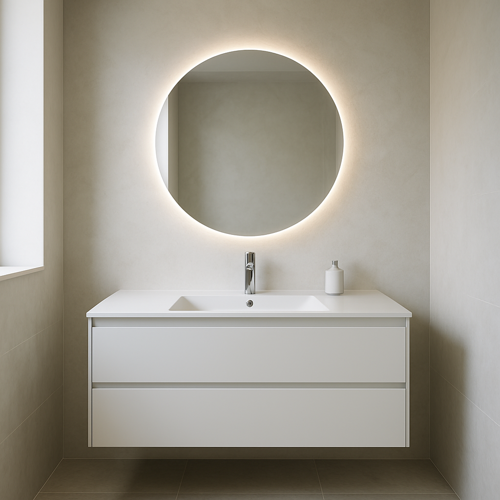 Salle de bain avec meuble suspendu blanc et vasque intégrée