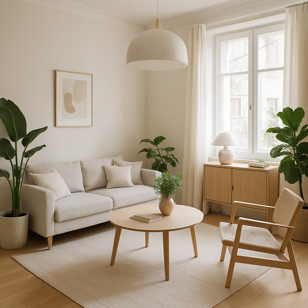 Salon rénové avec décoration intérieure moderne et épurée