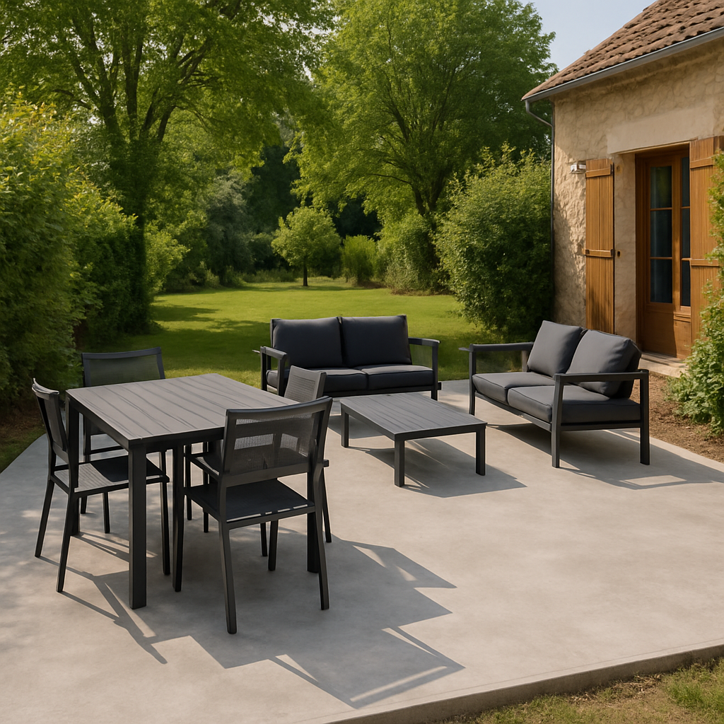 Terrasse en béton finie avec mobilier de jardin moderne