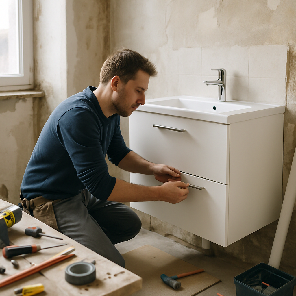 Artisan installant un meuble de salle de bain lors d'une rénovation intérieure