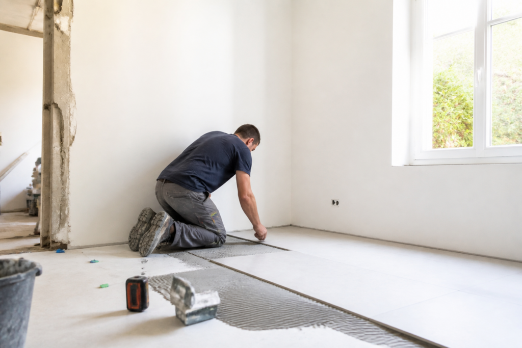 Artisan réalisant des travaux de rénovation dans une maison française durant la journée