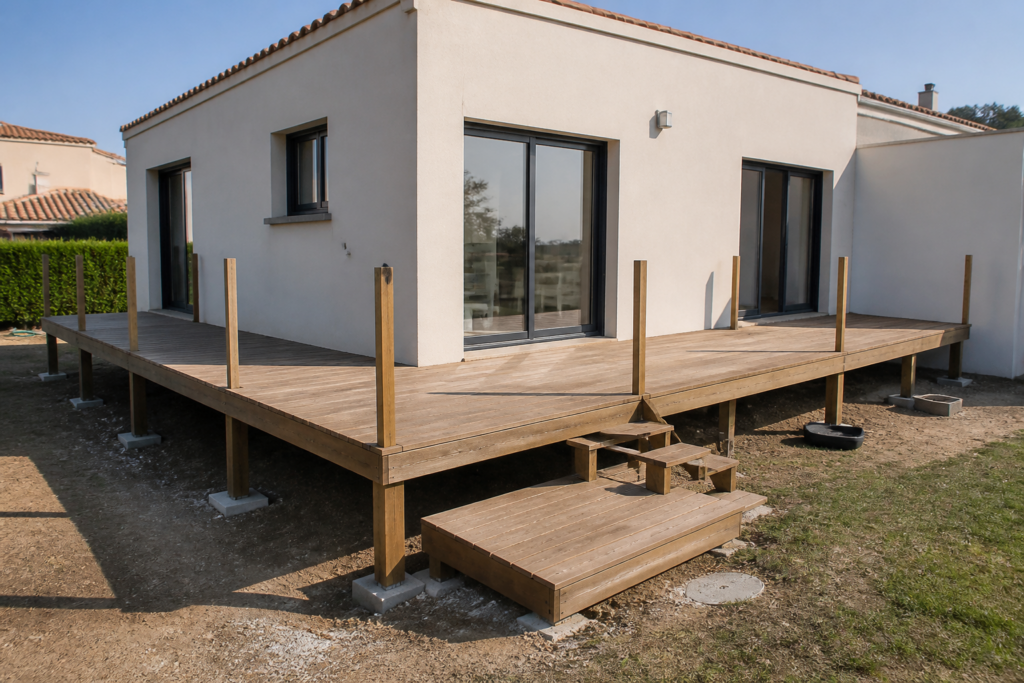 Terrasse en bois sur pilotis en kit installée devant une maison française