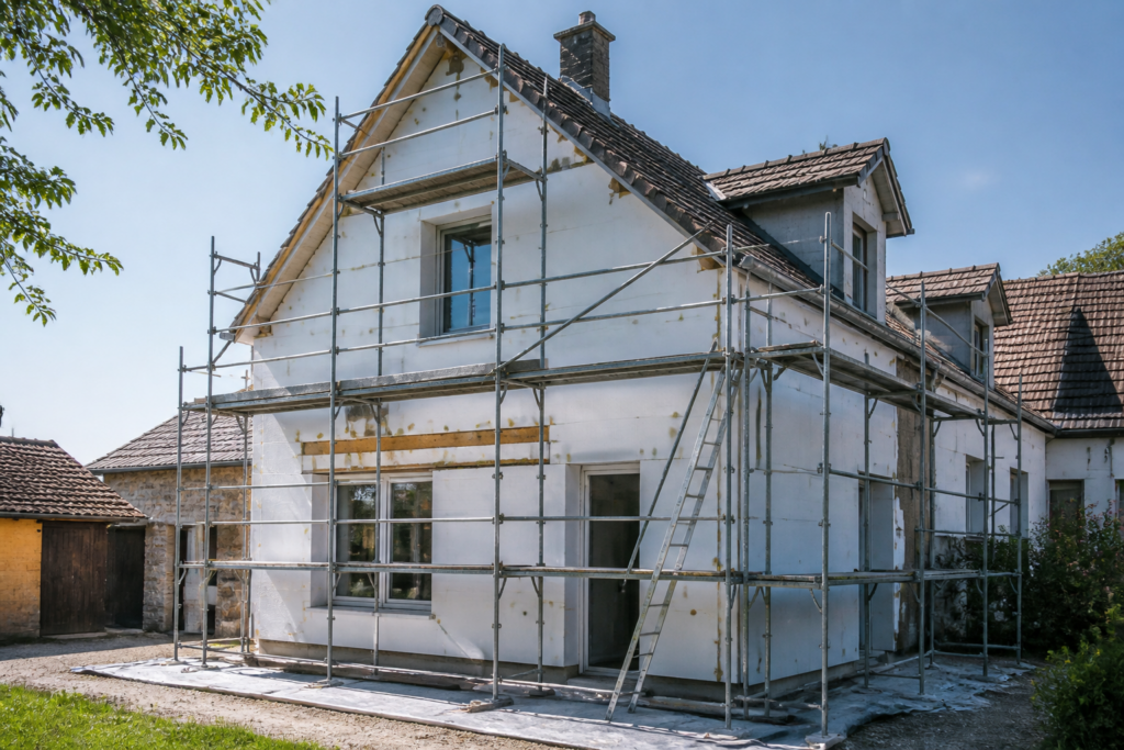 Maison en cours d'isolation thermique par l'extérieur avec plaques isolantes