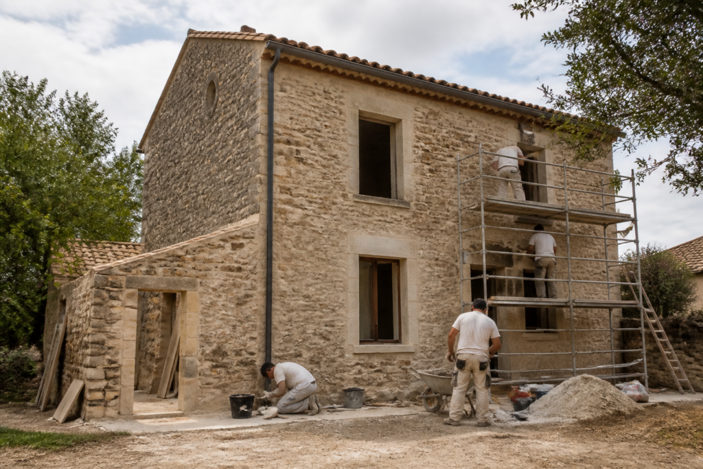 Chantier de rénovation d'une maison ancienne avec artisans au travail