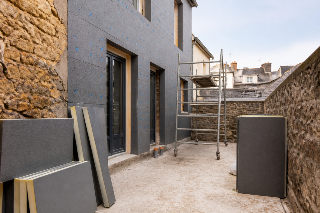 Chantier de rénovation d'une maison ancienne avec isolation thermique en cours
