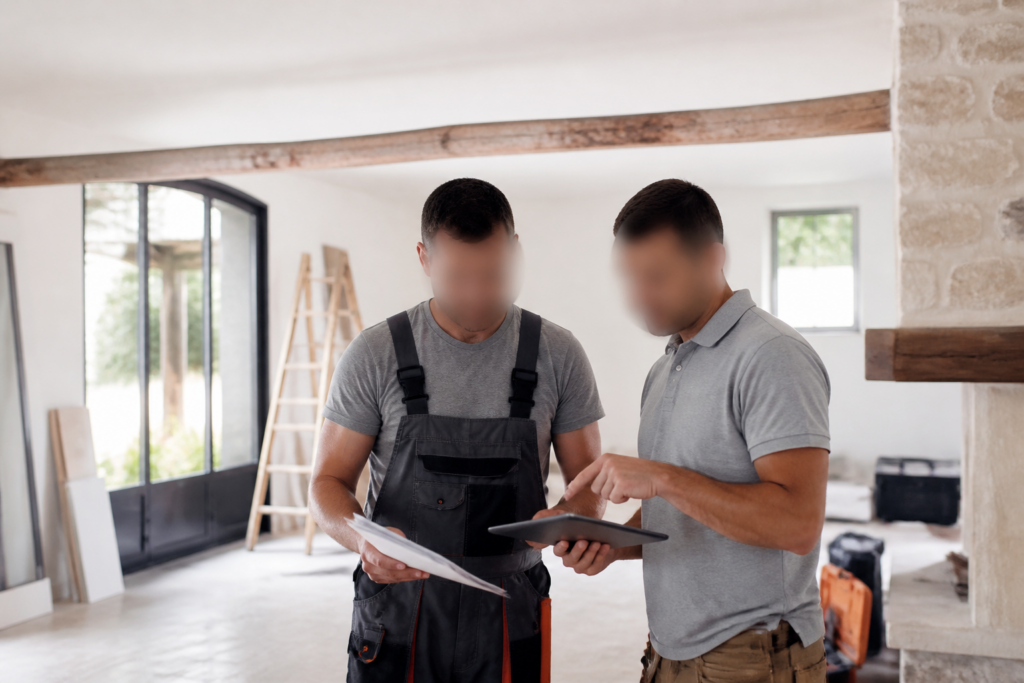 Chantier propre d'une maison française avec consultation de plans et documents de déclaration préalable de travaux