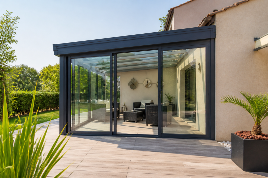 Véranda moderne en aluminium sur terrasse d'une maison française