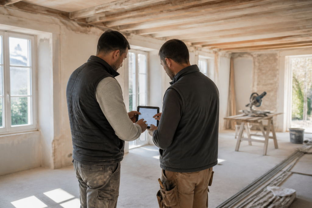 Artisans travaillant sur un devis lors d'un chantier de rénovation d'une maison française