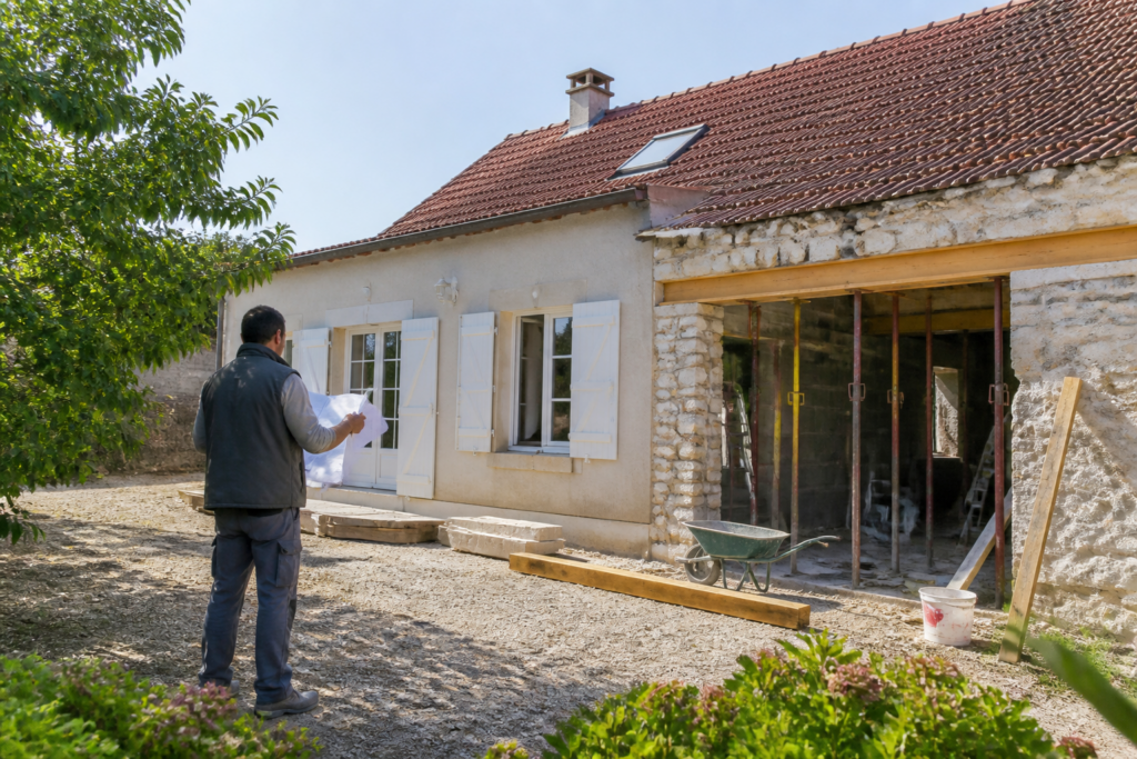 Chantier de rénovation maison française avec artisan consultant des plans