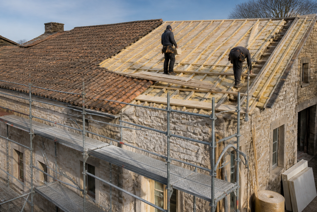 Rénovation de toiture en cours sur une maison française traditionnelle