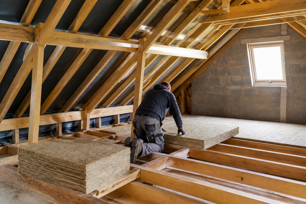 Isolation des combles dans une maison française en chantier propre avec artisan