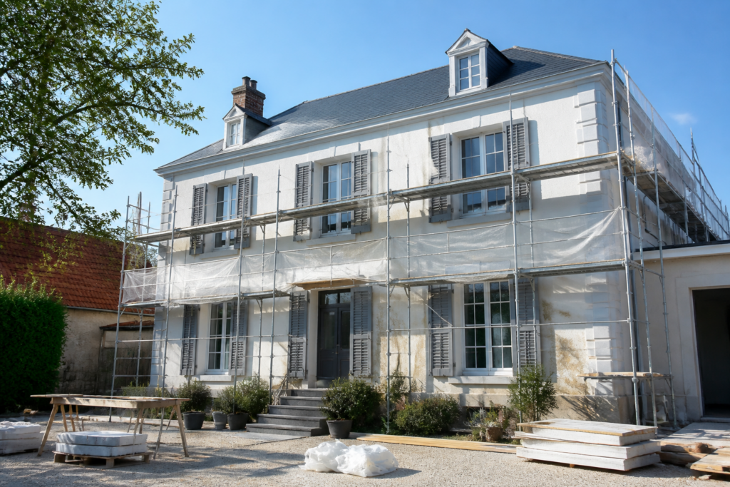 Maison en rénovation énergétique avec échafaudage sur façade