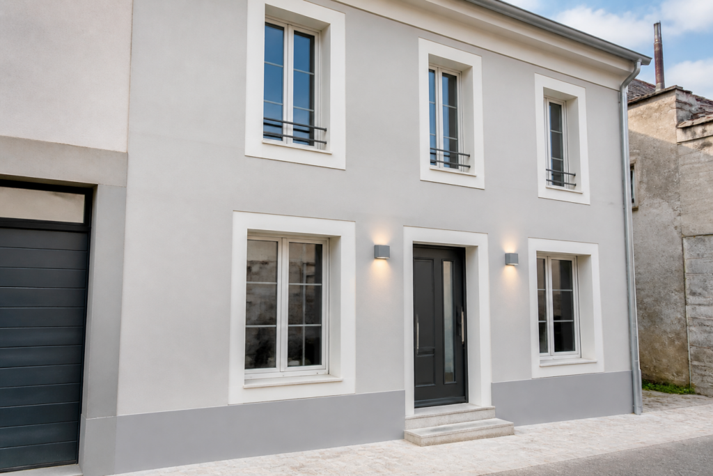 Façade de maison rénovée en gris perle, style contemporain français