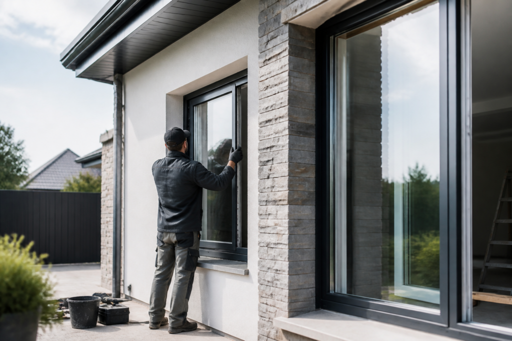 Artisan installant une fenêtre double vitrage sur une maison en rénovation