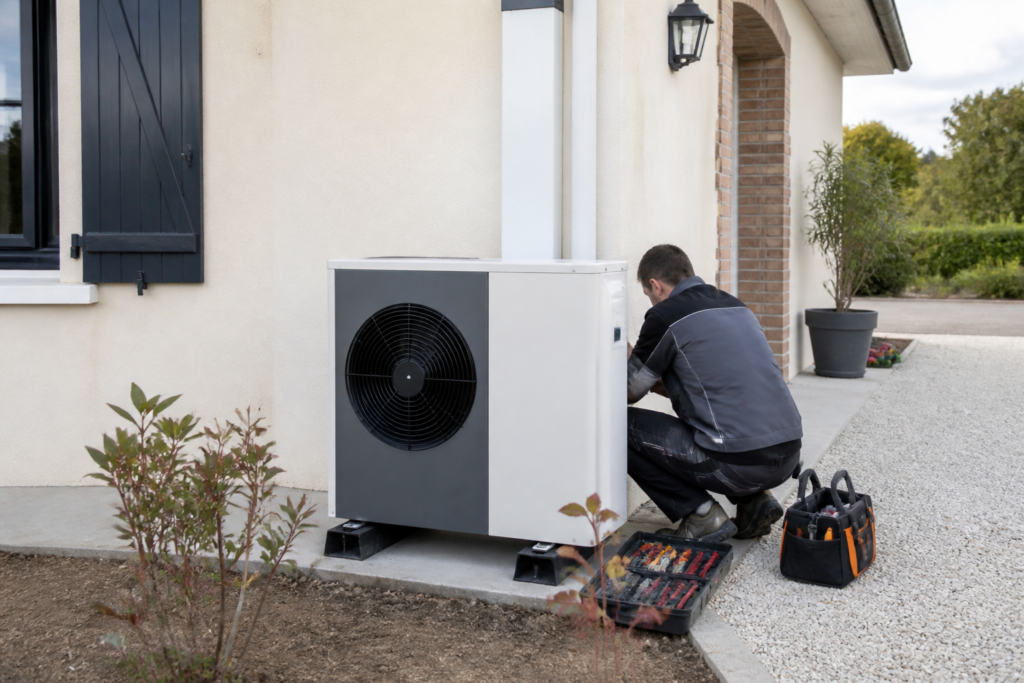 Installation d'une pompe à chaleur par un artisan sur un chantier de rénovation de maison en France