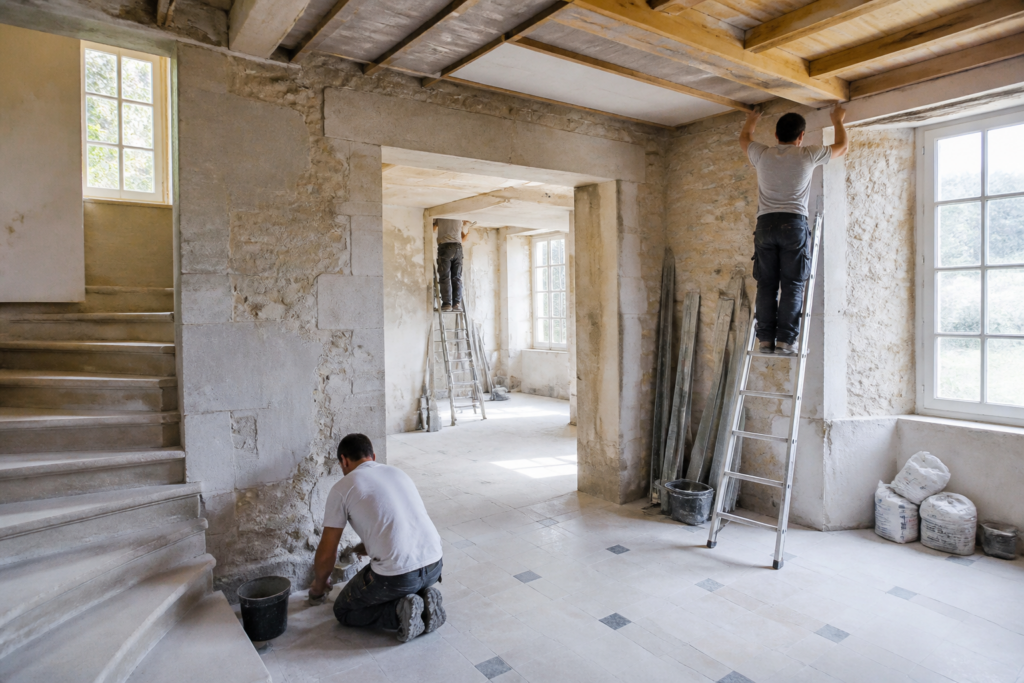Maison ancienne en rénovation avec artisans au travail sur un chantier propre