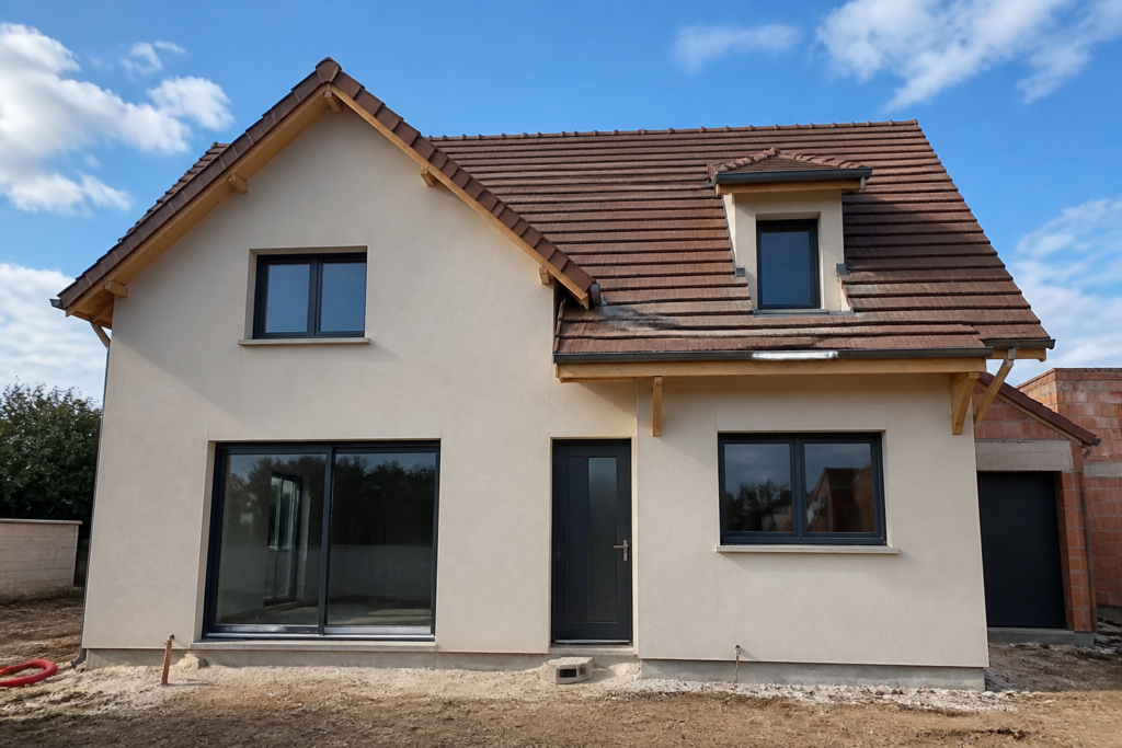 Vue de face d'une maison française avec avancée de toiture