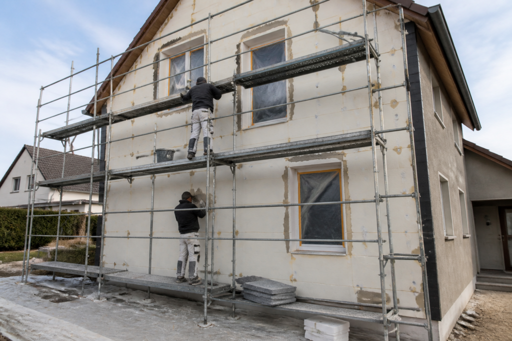 Maison française en rénovation énergétique avec échafaudage et artisans au travail