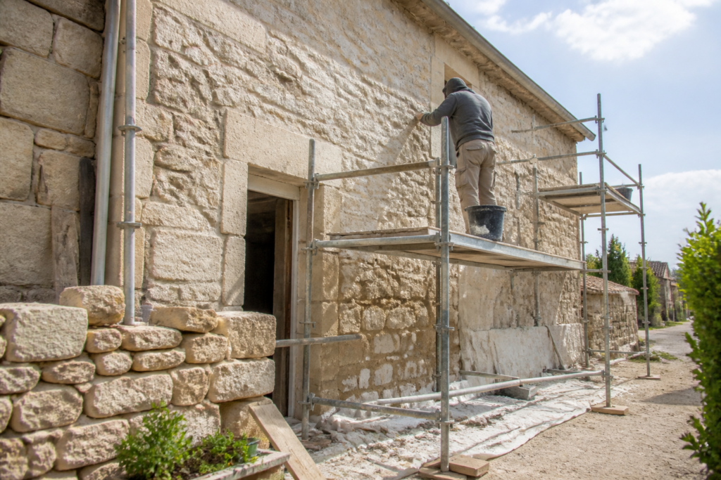 Chantier de rénovation d'une maison ancienne en pierre avec artisan au travail