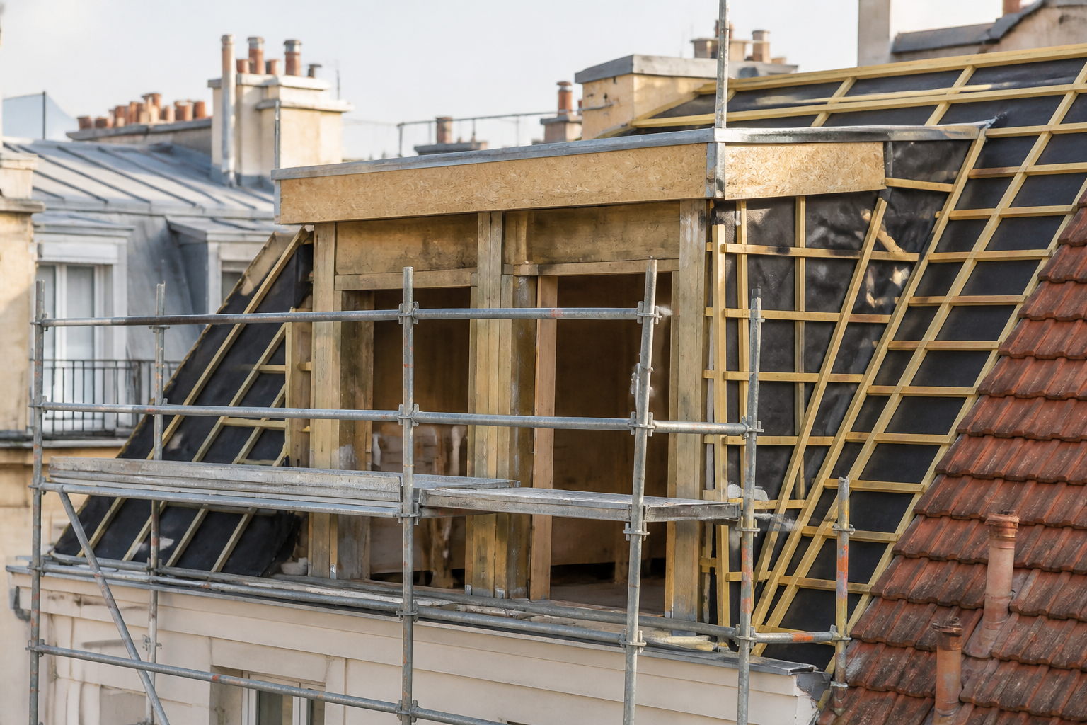 Surélévation de toiture en chantier dans un quartier parisien