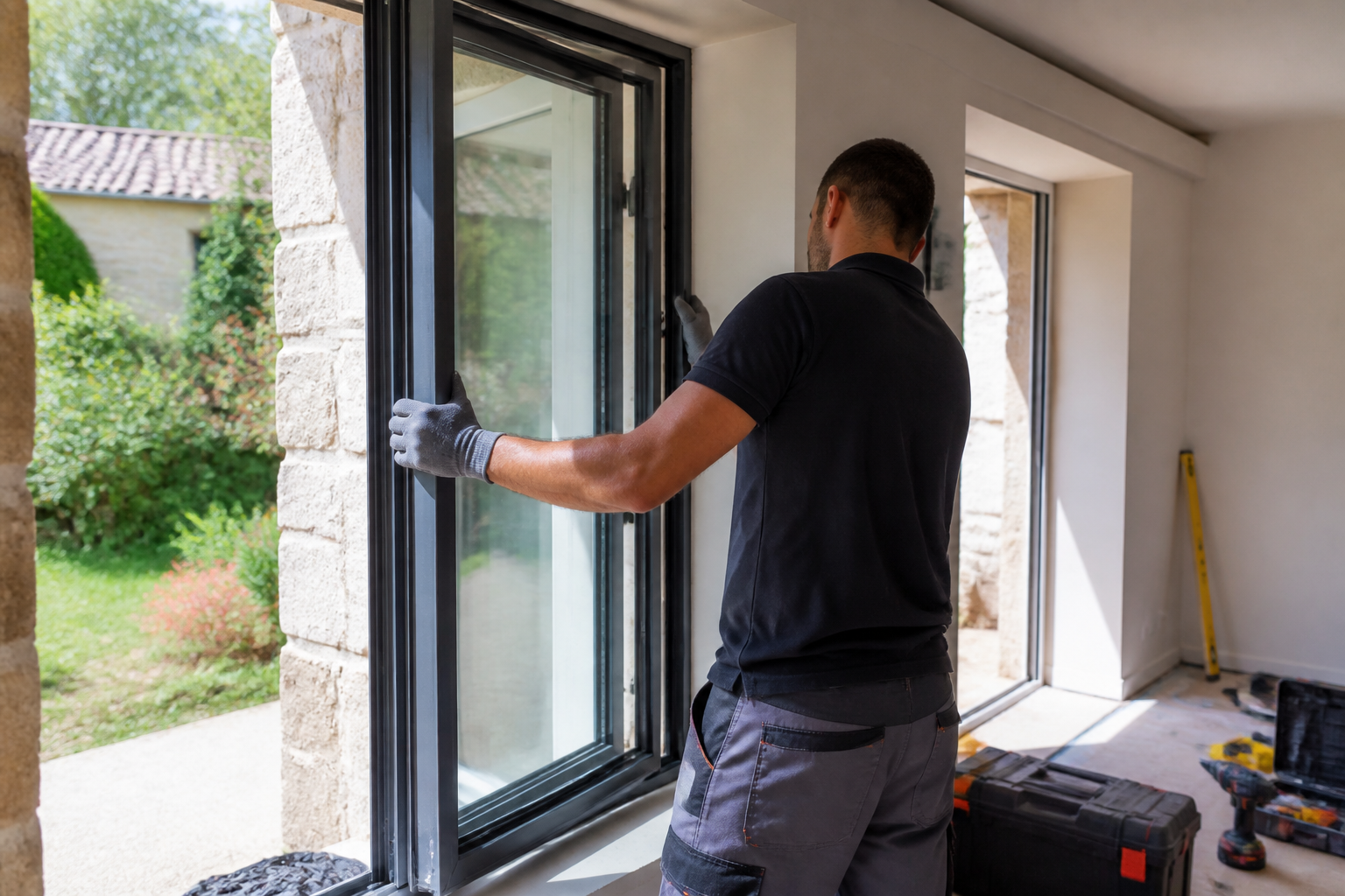 Artisan RGE en train d'installer une fenêtre dans une maison française