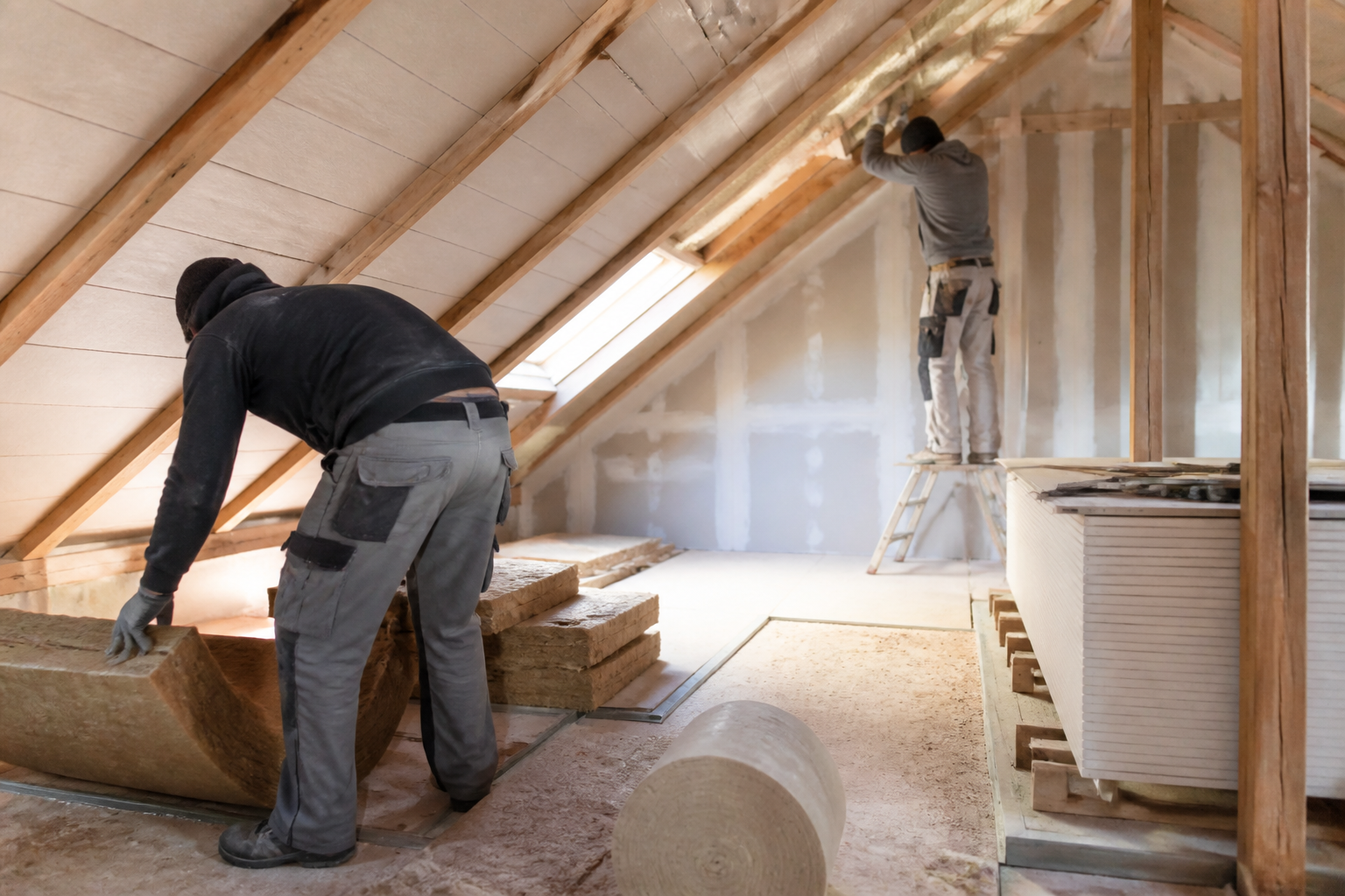Isolation thermique des combles avec artisans sur chantier propre