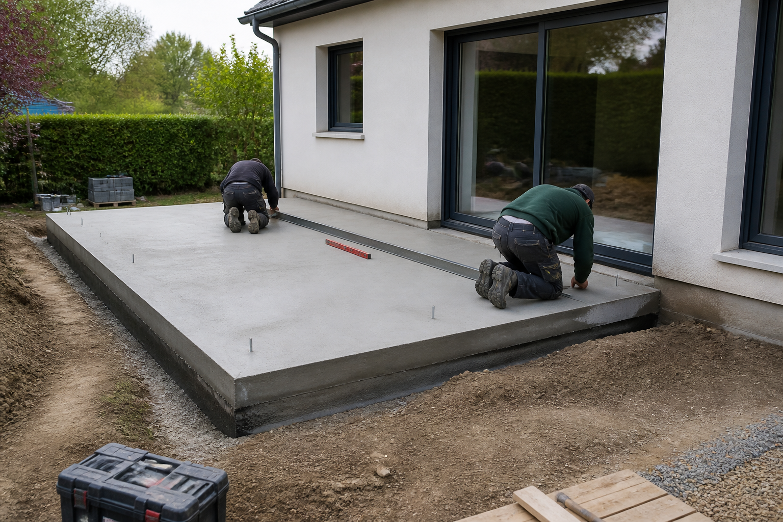 Préparation de terrasse en béton pour la véranda