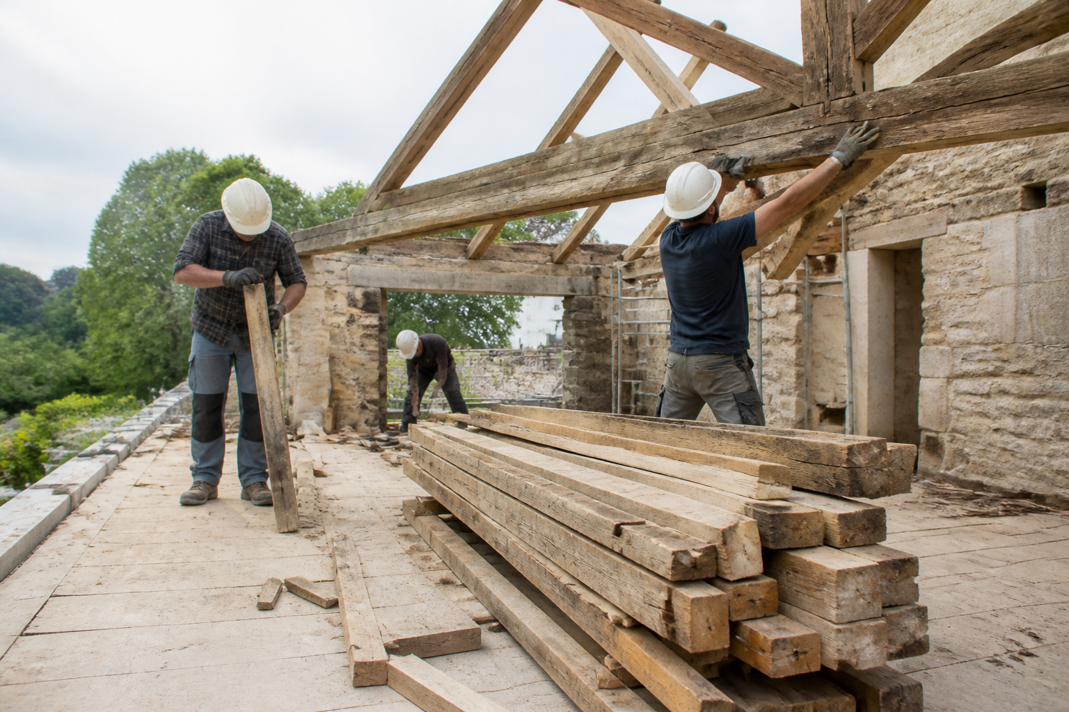 Démontage manuel de la charpente en bois dans une maison traditionnelle française