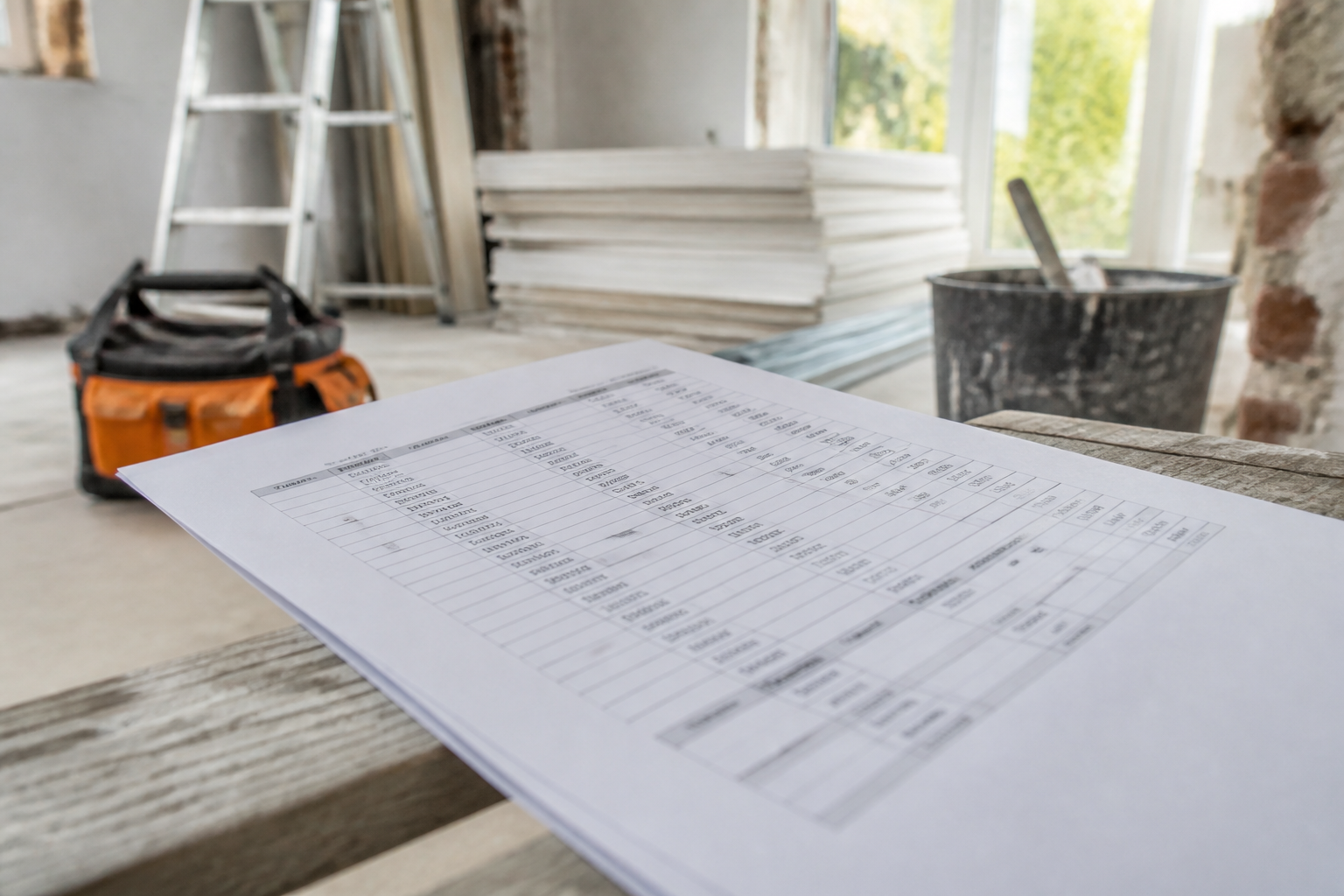 Devis de travaux posé sur un chantier propre avec outils de construction