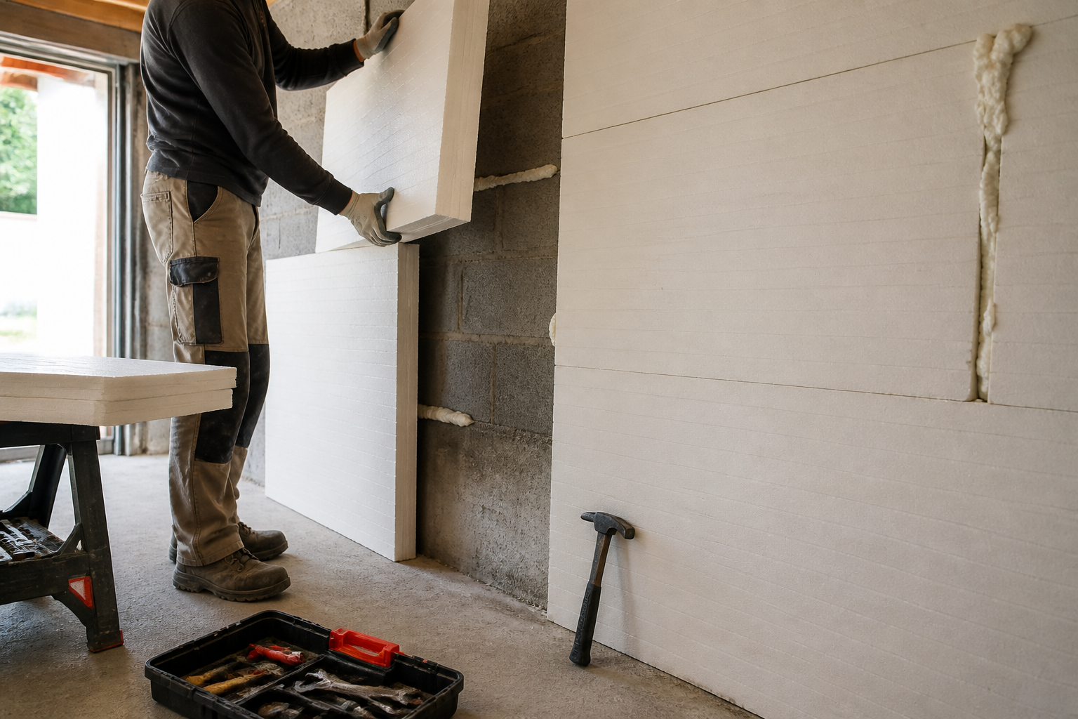 Pose de panneaux isolants rigides sur les murs d'un garage non chauffé