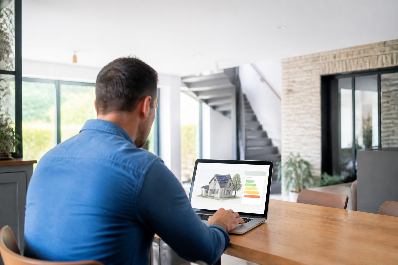 Consultation d'un simulateur Ma Prime Renov sur ordinateur dans une maison