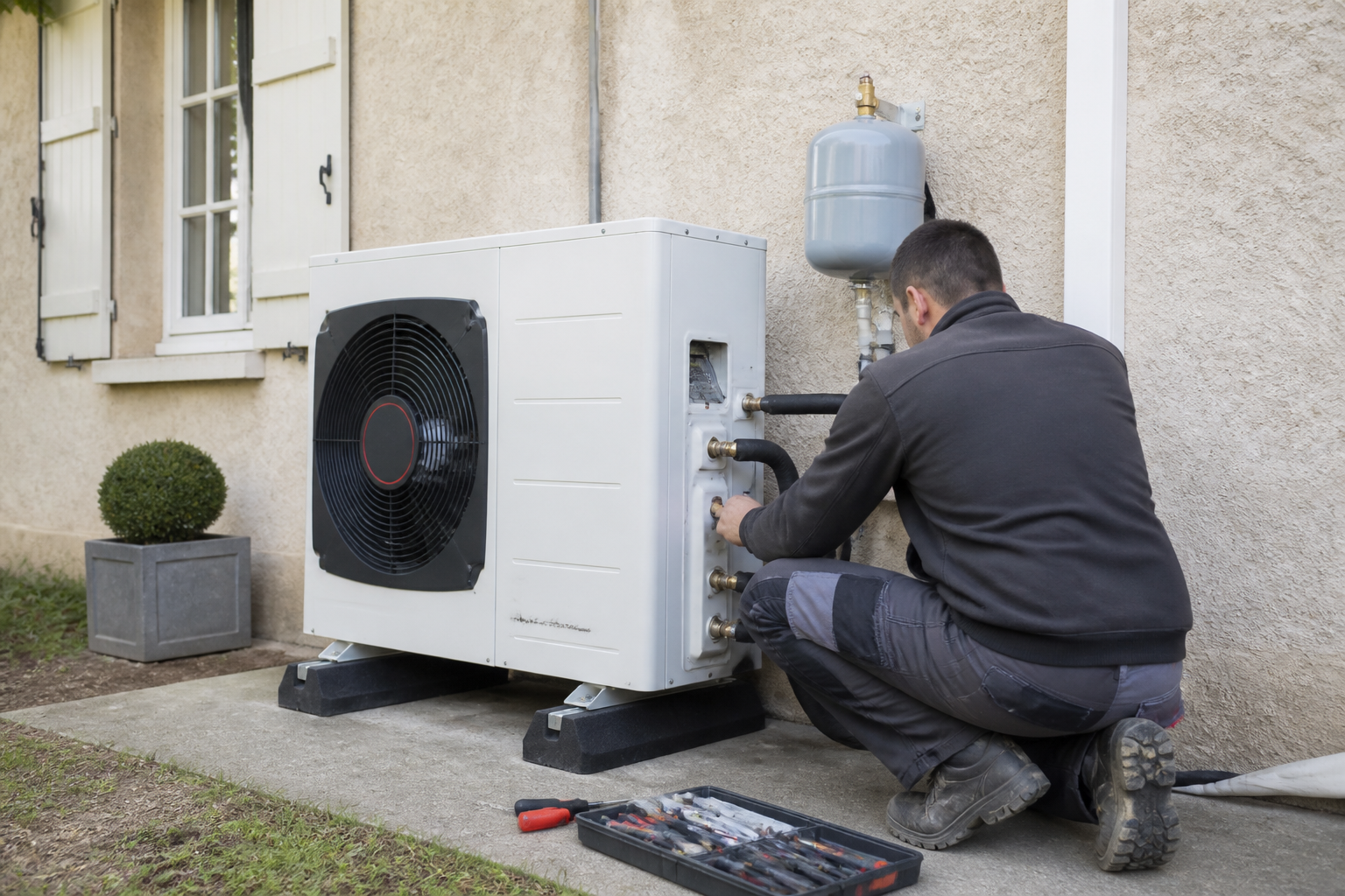 Installation pompe à chaleur air/eau par un artisan dans une maison française