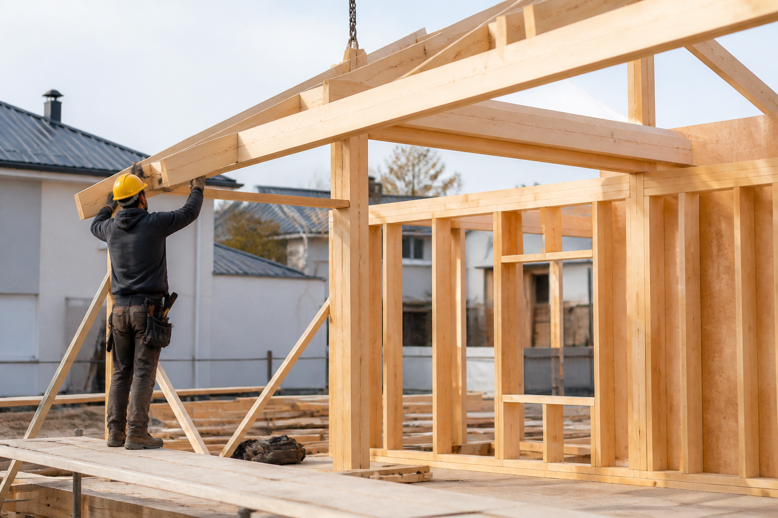 Charpentier posant une ossature bois sur maison