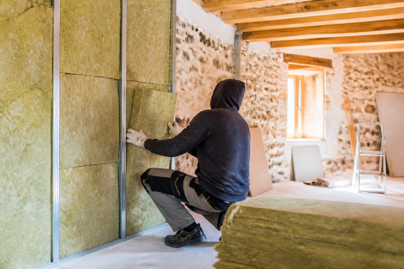 Artisan RGE posant une isolation thermique dans une maison ancienne