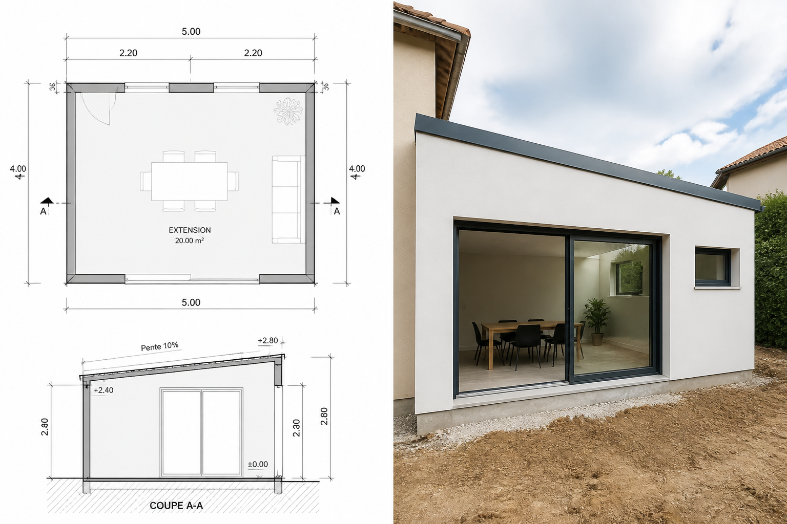 Plan architectural d'une extension maison de 20m2