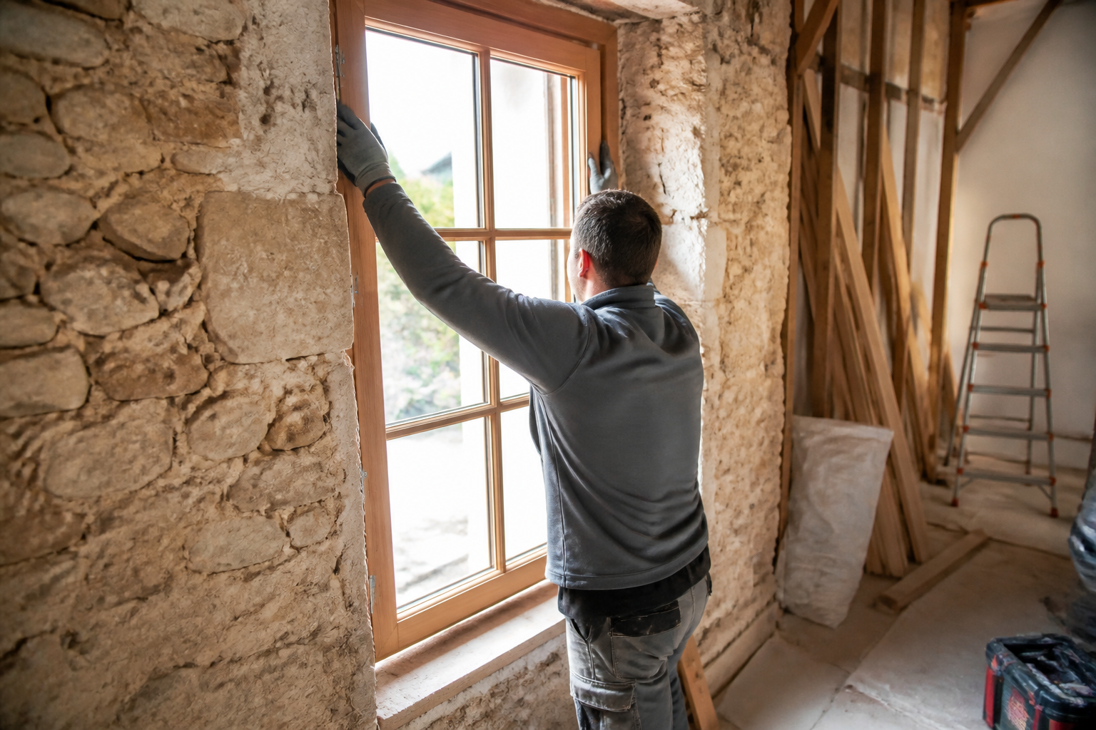 Artisan certifié RGE posant une fenêtre en bois