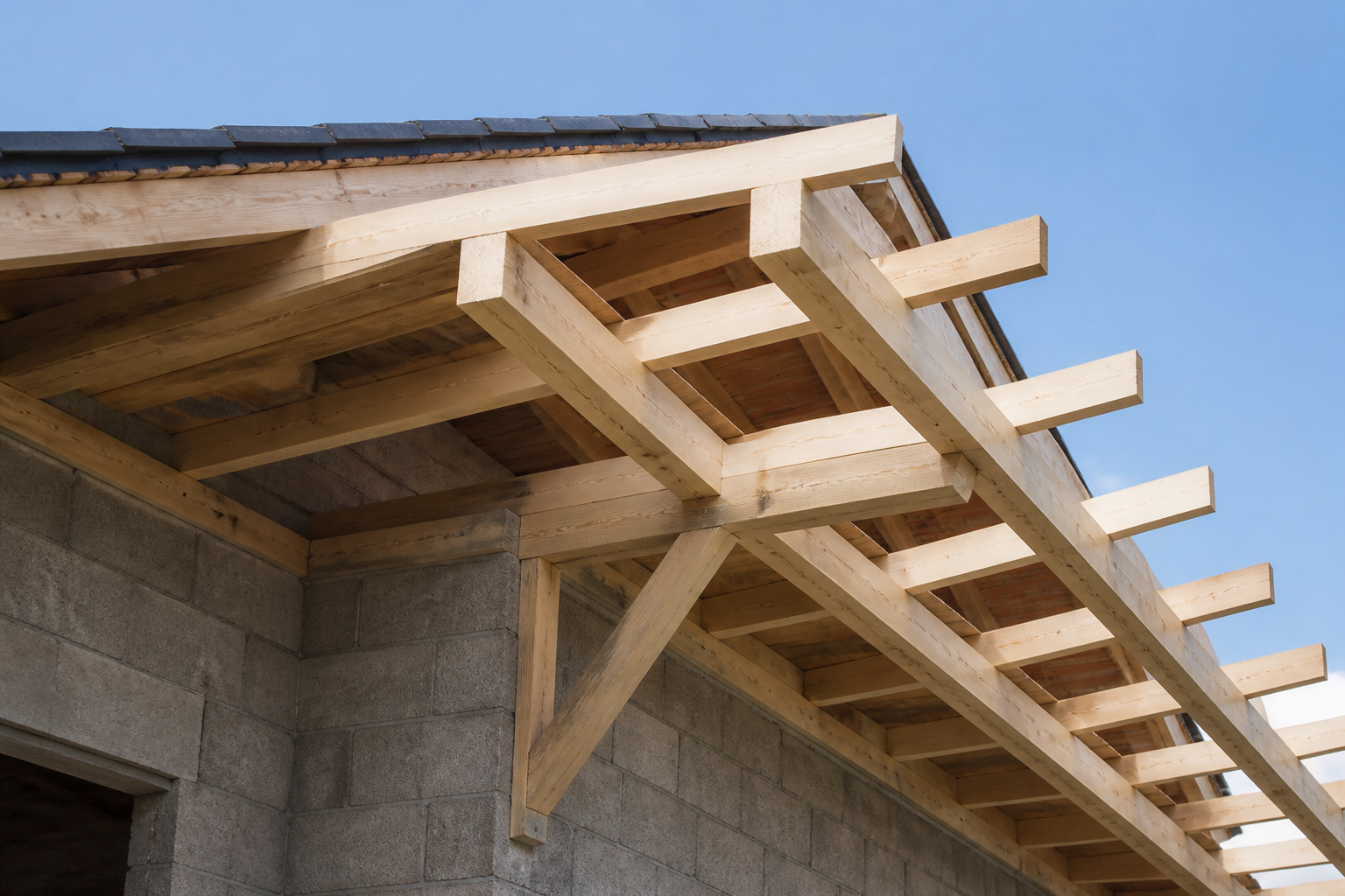 Charpente en bois avec avancée de toiture en cours de construction
