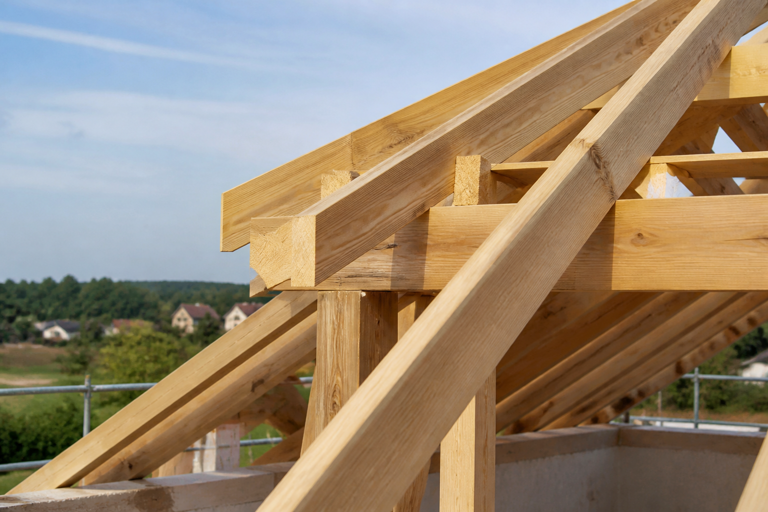 Détail de la charpente bois d'une toiture en croupe