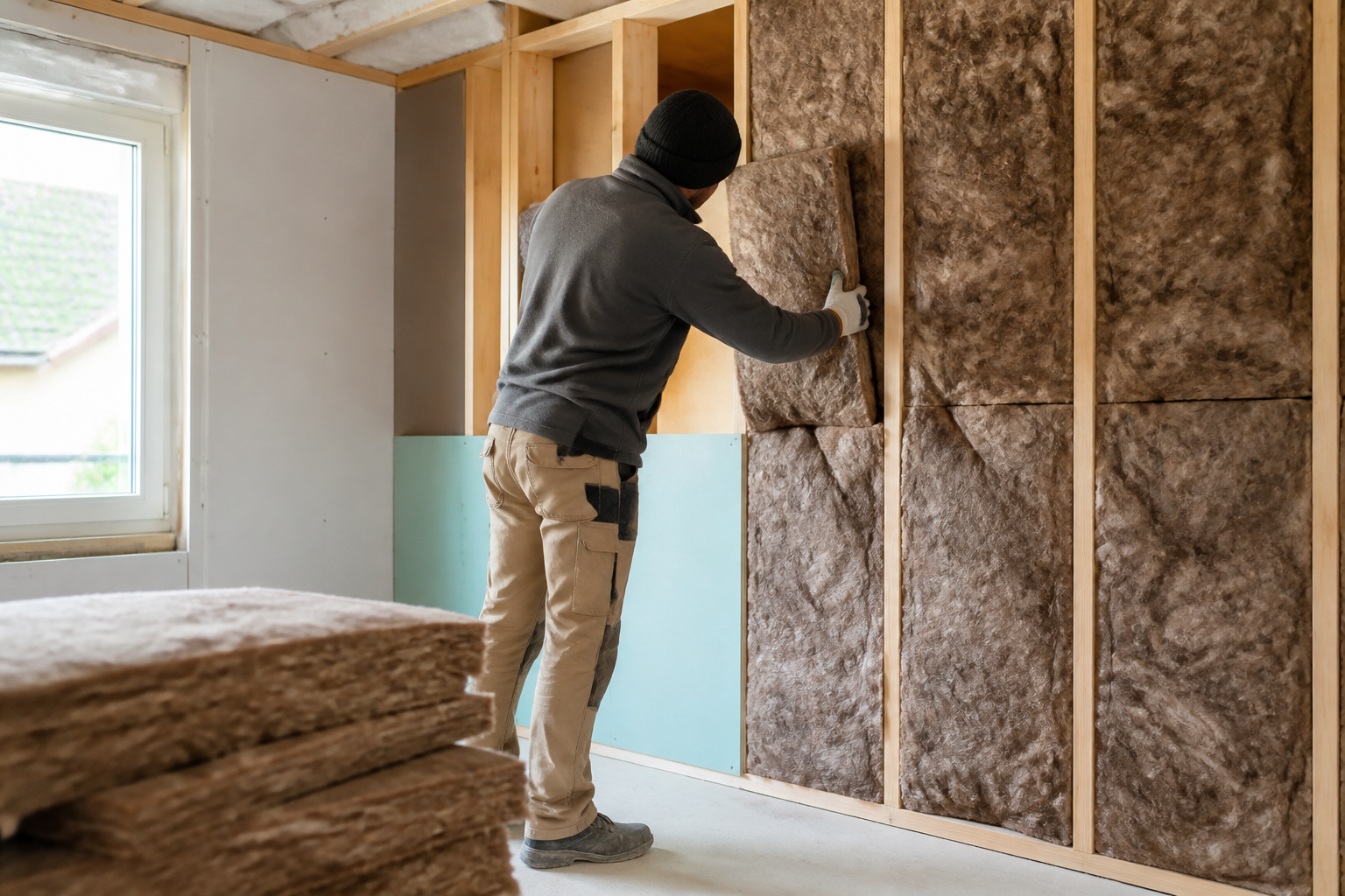 Pose d'isolation thermique dans une maison lors de la rénovation
