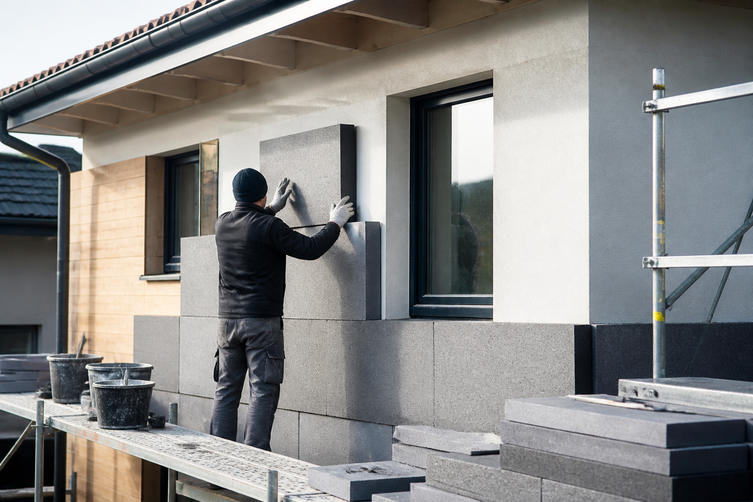 Pose de panneaux isolants sur façade de maison