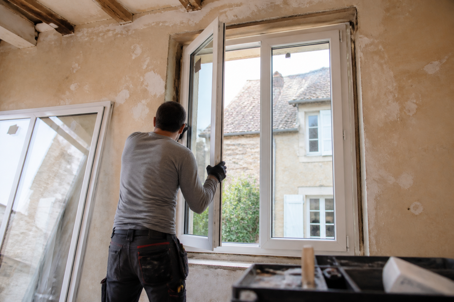 Installation d'une fenêtre double vitrage par un artisan certifié RGE dans une maison ancienne