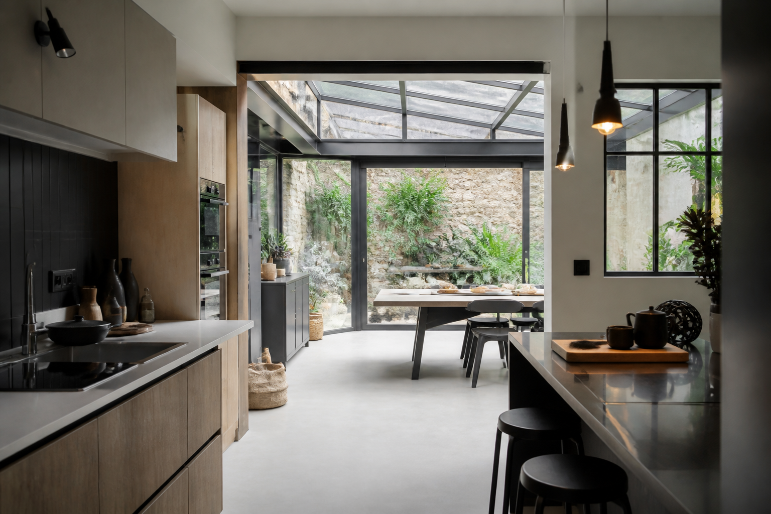 Cuisine avec verrière à cadre noir style atelier français