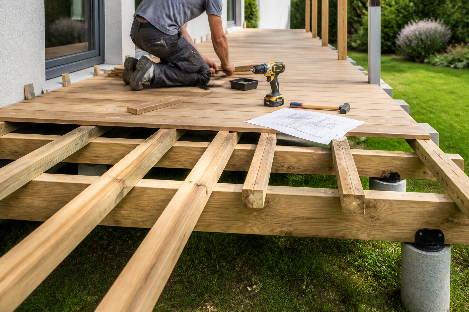 Installation d'une terrasse sur pilotis en kit par un artisan professionnel