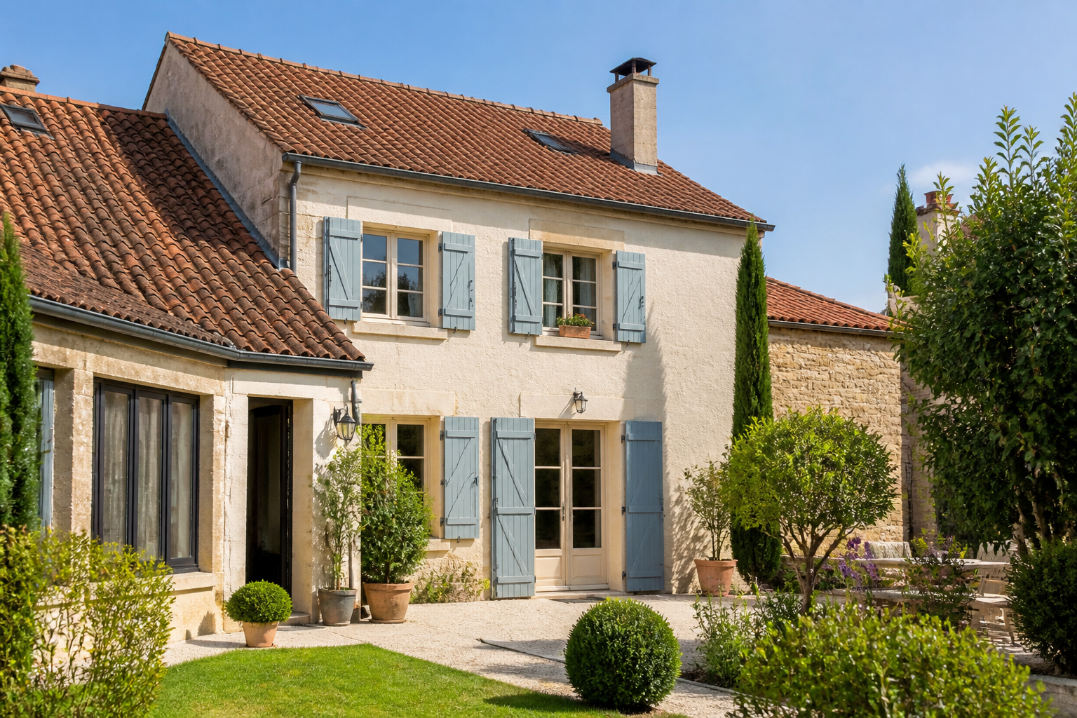 Maison ancienne avec toiture rénovée et jardin net