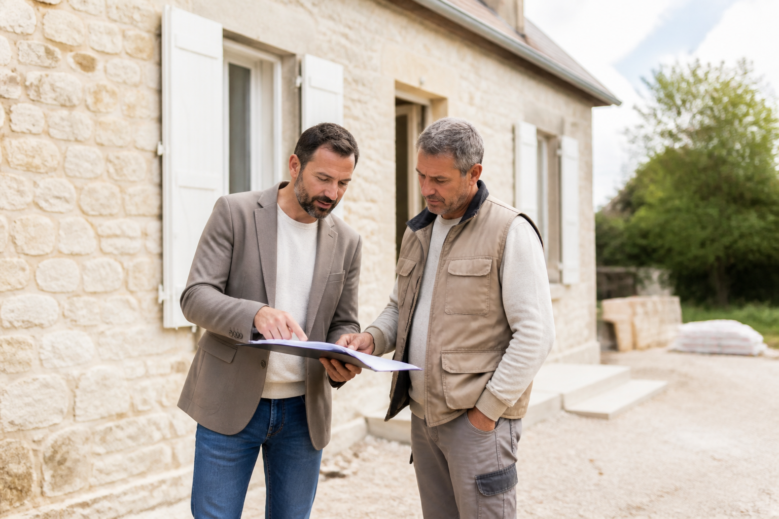 Présentation d'un devis de travaux de rénovation entre artisan et propriétaire