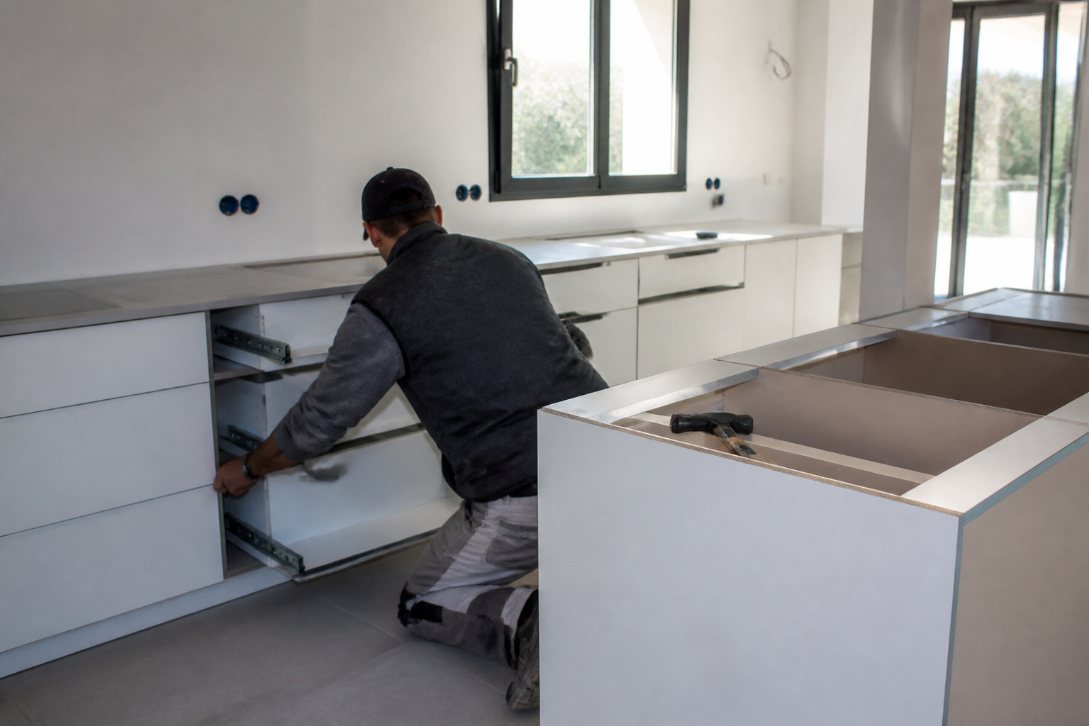 Pose de meubles de cuisine par un artisan sur chantier propre