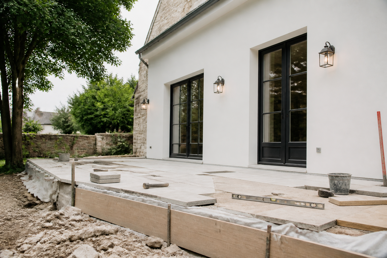 Maison française en cours de rénovation avec façade et terrasse